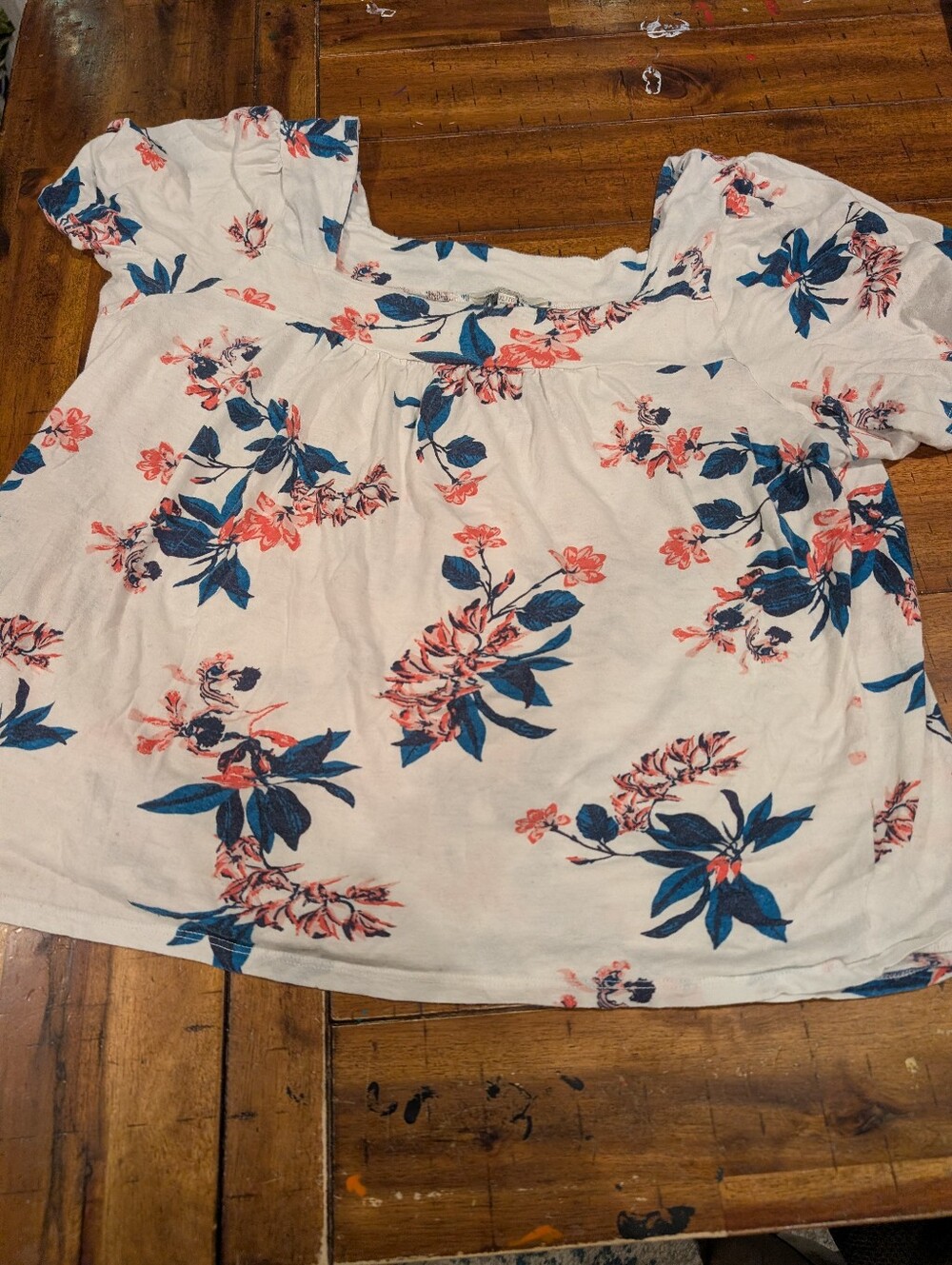 Lucky Brand White Floral Short Sleeve Blouse with Blue & Coral Prints, XL